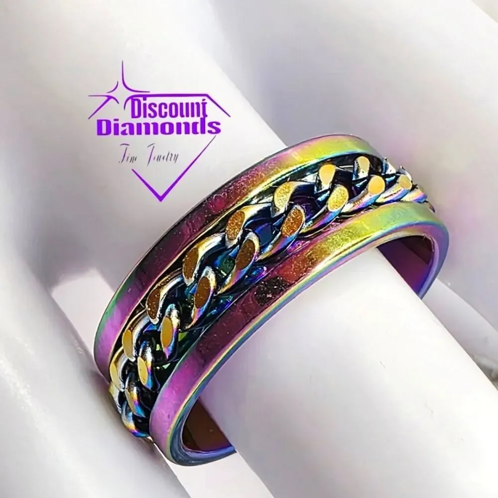 Men / Women / Unisex SPINNER Titanium Polished Rainbow Silver Ring Rainbow Chain